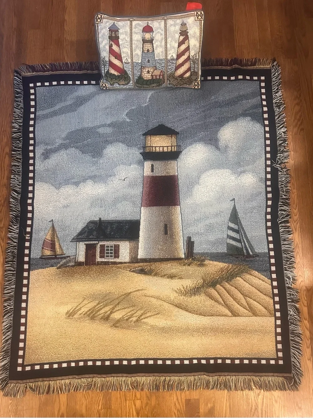 Vintage 80's Lighthouse Woven Tapestry Blanket 44x56 & Pillow Set Coastal